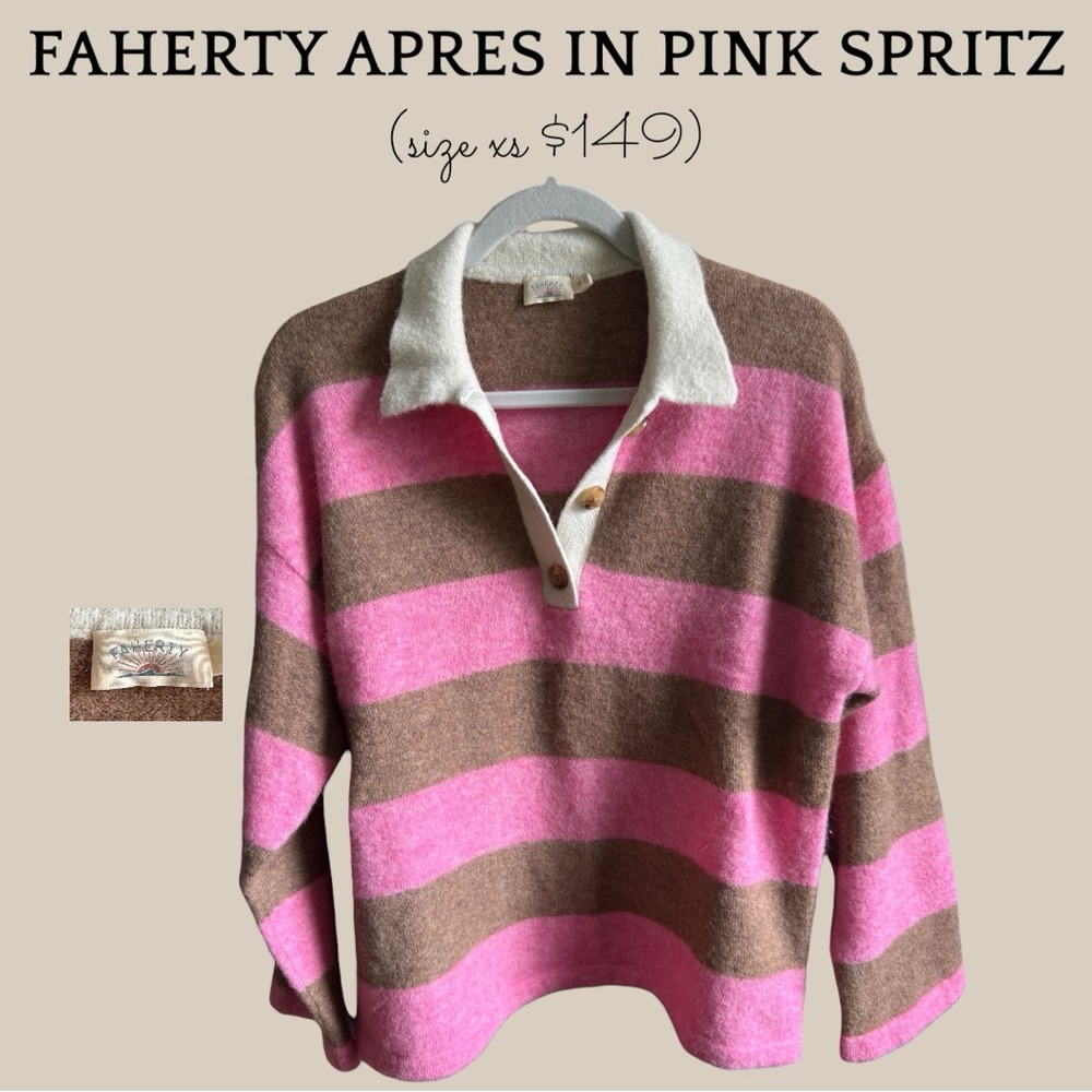Faherty Pink Spritz and Brown Striped Polo Sweater